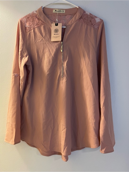 Moyabo Tops - Mojabo Lace-Shoulder Half-Zip Long Sleeve Top - Dusty Rose